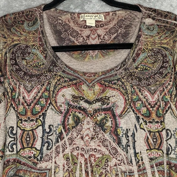 Energe XL Top Shirt Brown Paisley Scoop Neck 3/4 Sleeve Knit Embellished Stretch - Picture 3 of 7